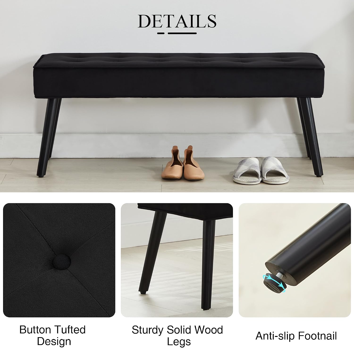 LOULENS 44'' Velvet Entryway Bench, Modern Upholstered Buttons Tufted End of Bed Bench with Solid Wood Legs, Comfortable Bed Ottoman for Bedroom, Living Room, Entryway, Hallway, Black