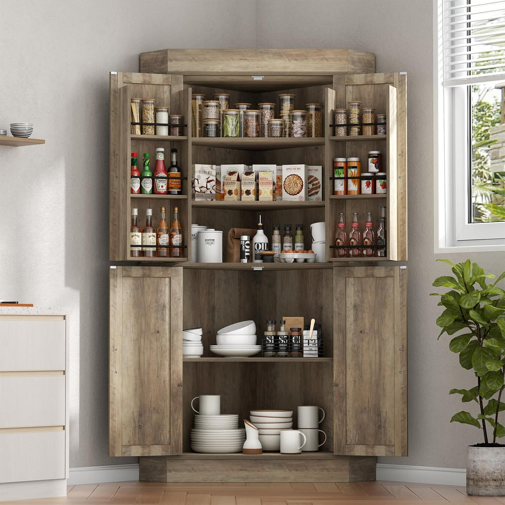 Gyfimoie Corner Cabinet,Kitchen Pantry Storage Cabinet,Freestanding Buffet Hutch with 4 Doors and Shelves,Tall Food Pantry Farmhouse Furniture with Side Rack for Kitchen Dining Room(Retro)