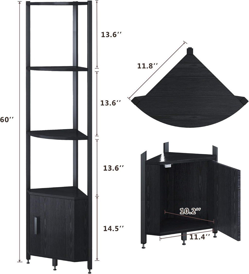Corner Shelf with Storage, LED Lights 6-Tier Corner Bookshelf, 66'' Organizer Book Shelf Shelves Steel Frame Display Stand with Living Room, Bedroom, Study, Black