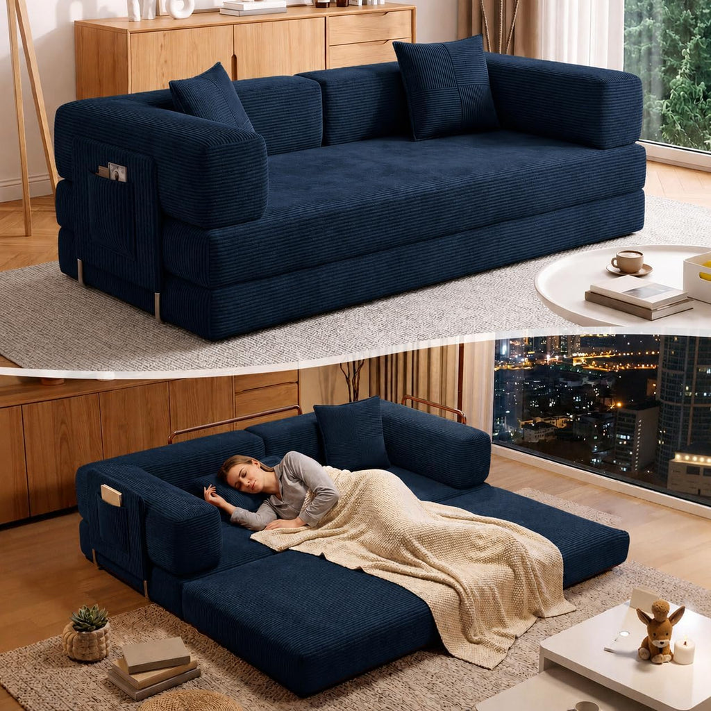 79" Convertible Futon Sofa Bed, Floor Couch for Living Room | 5-in-1 Corduroy Loveseat Sleeper Sofa, Foldable Couch with Side Pocket, Pull Out Bed, No Assembly Required,Blue