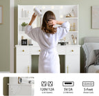 Wodeer Makeup Vanity Desk with Mirror and Lights, 43" White Vanity Set with 3 Drawers, Power Outlet & Adjustable RGB LED Lights, Dressing Table with Storage Shelf for Women & Girls Bedroom