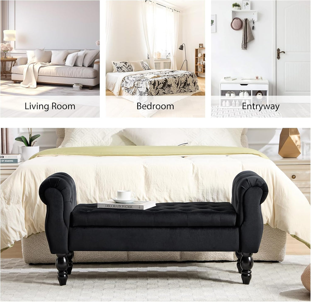 48'' Storage Bench for End of Bed, Modern Bedroom Bench with Arms Upholstered Velvet Lift-top Entryway Ottoman with Storage, Button Tufted Window Bench for Living Room, Reception, Black