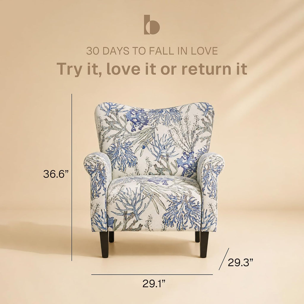 BELLEZE Modern Accent Chair for Living Room, High Back Linen Armchair with Wooden Legs, Upholstered Wingback Side Chair Padded Armrest Single Sofa for Living Room, Bedroom - Allston (Blue Coral)