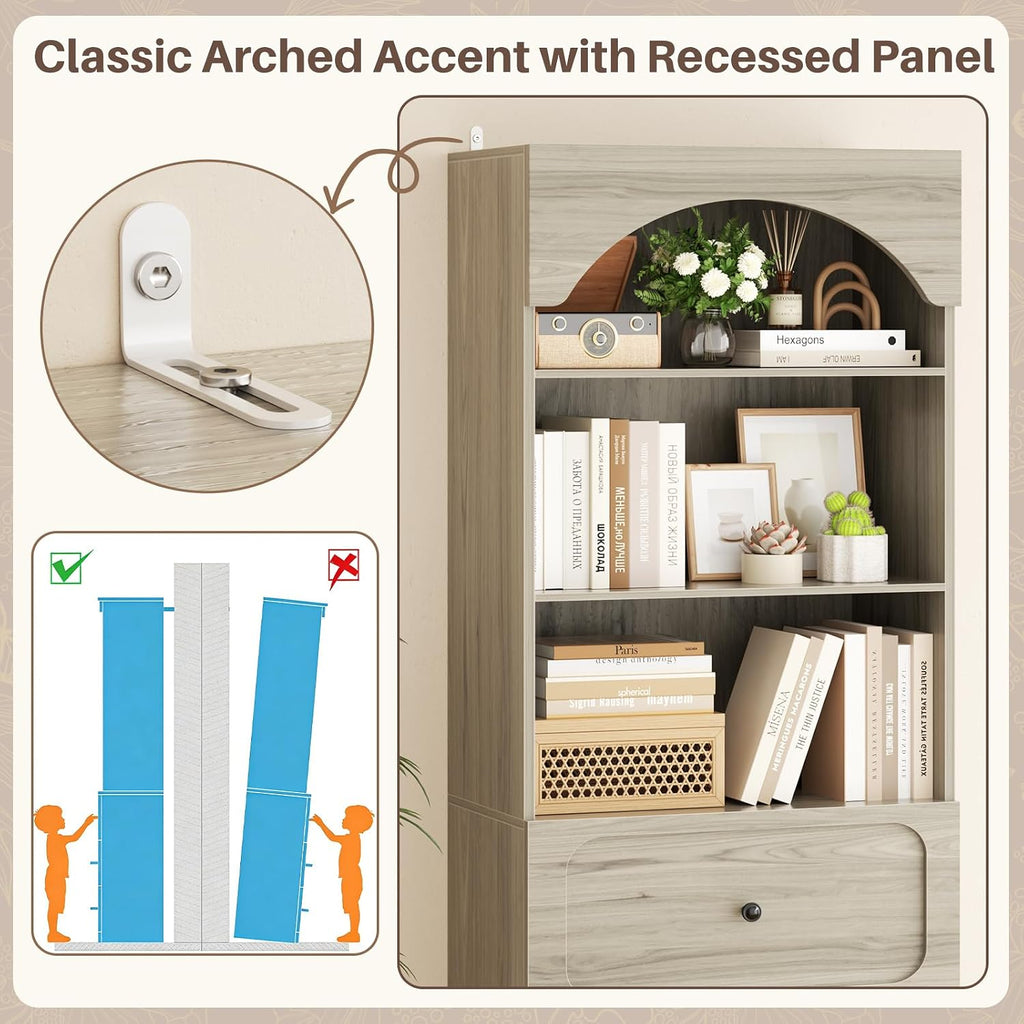 Cyclysio 80" Kitchen Pantry Cabinet with 3 Drawers, 47" Wide Arched Kitchen Storage Cabinets with 3-Tier Open Shelves, Wood Floor Cupboard with Seamless Fit Wall for Living Room, Kitchen, Bathroom