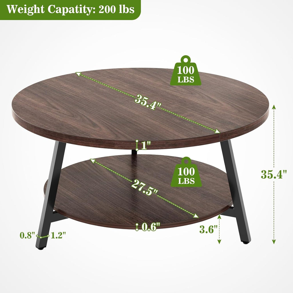 Armocity 35.4" Round Wood Coffee Table with 2-Tier Storage, 1" Thick Top