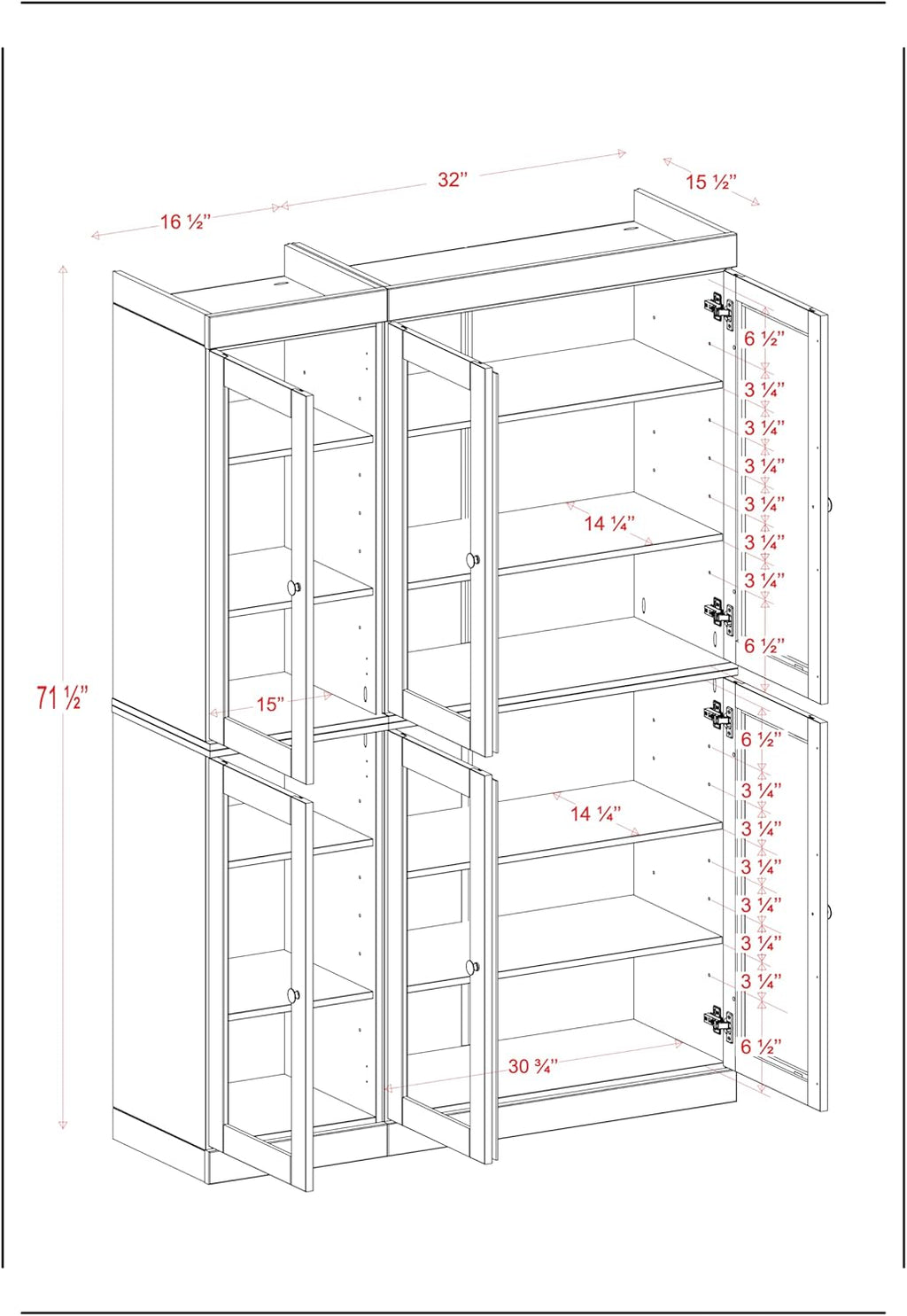 Palace Imports 100% Solid Wood 48.5" Pantry China Cabinet with Clear Glass Doors and Adjustable Shelves (Mocha)