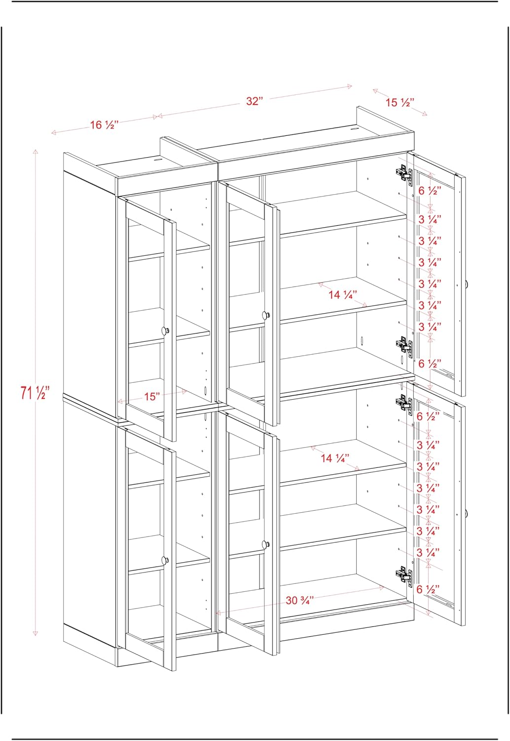 Palace Imports 100% Solid Wood 48.5" Pantry China Cabinet with Clear Glass Doors and Adjustable Shelves (Mocha)
