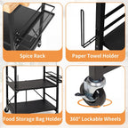 PLKOW Foldable Kitchen Cart with Solild Oak Wood Top, Rolling Kitchen Island on Wheels, 3-Tier Storage Utility Cart for Microwave, Toaster Oven, Small Spaces