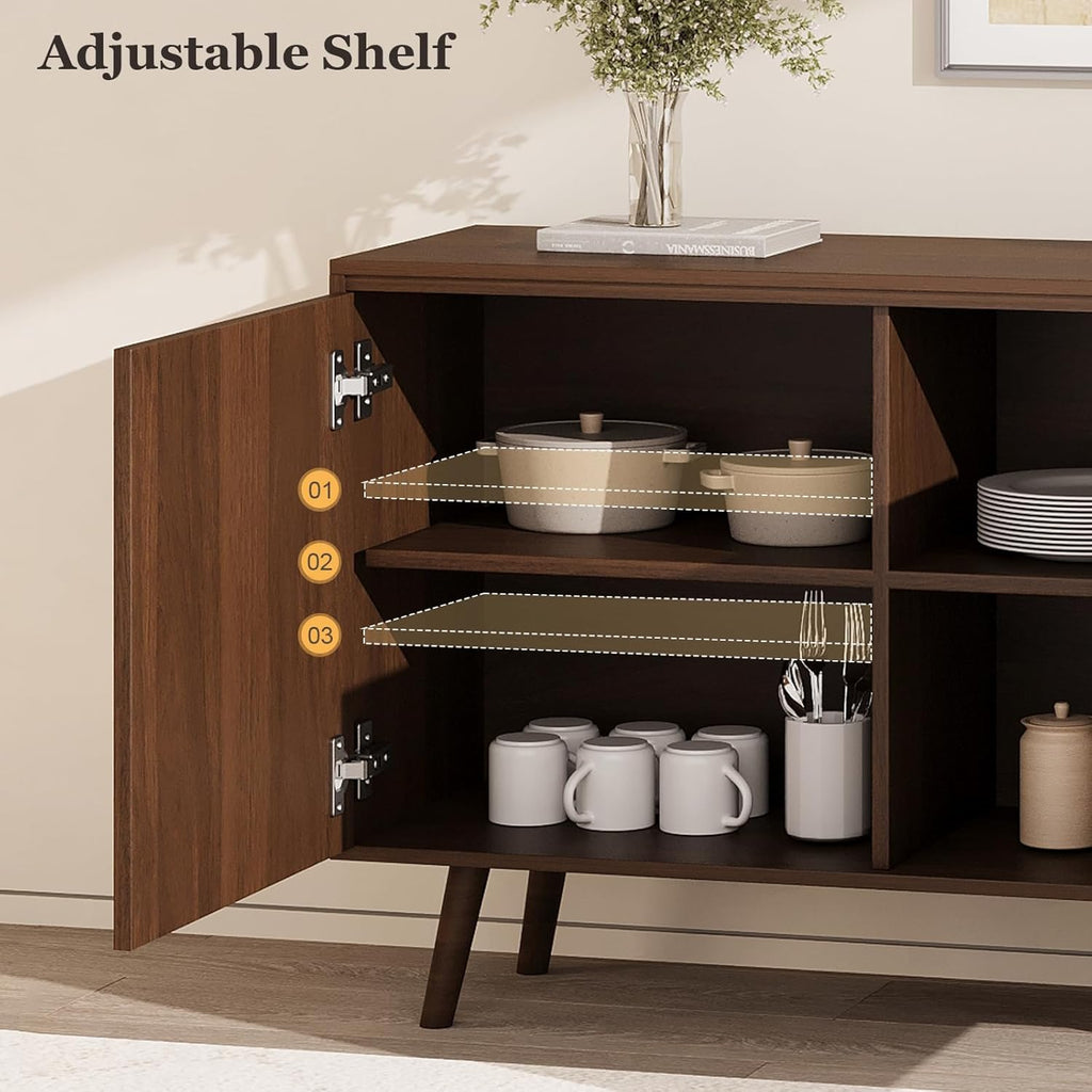 60" Buffet Cabinet with Storage, Sideboard Buffet Cabinet with 3 Drawers and 2 Doors, Mid Century Modern Coffee Bar Cabinet/TV Stand with Adjustable Shelves, Dark Brown