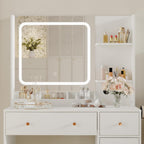HaHarmoHaby Vanity Desk with Lighted Mirror, Makeup Vanity Table with 4 Drawers, Shelves,3 Color Modes & Adjustable Brightness, Dressing Table Set with Stool for Bedroom
