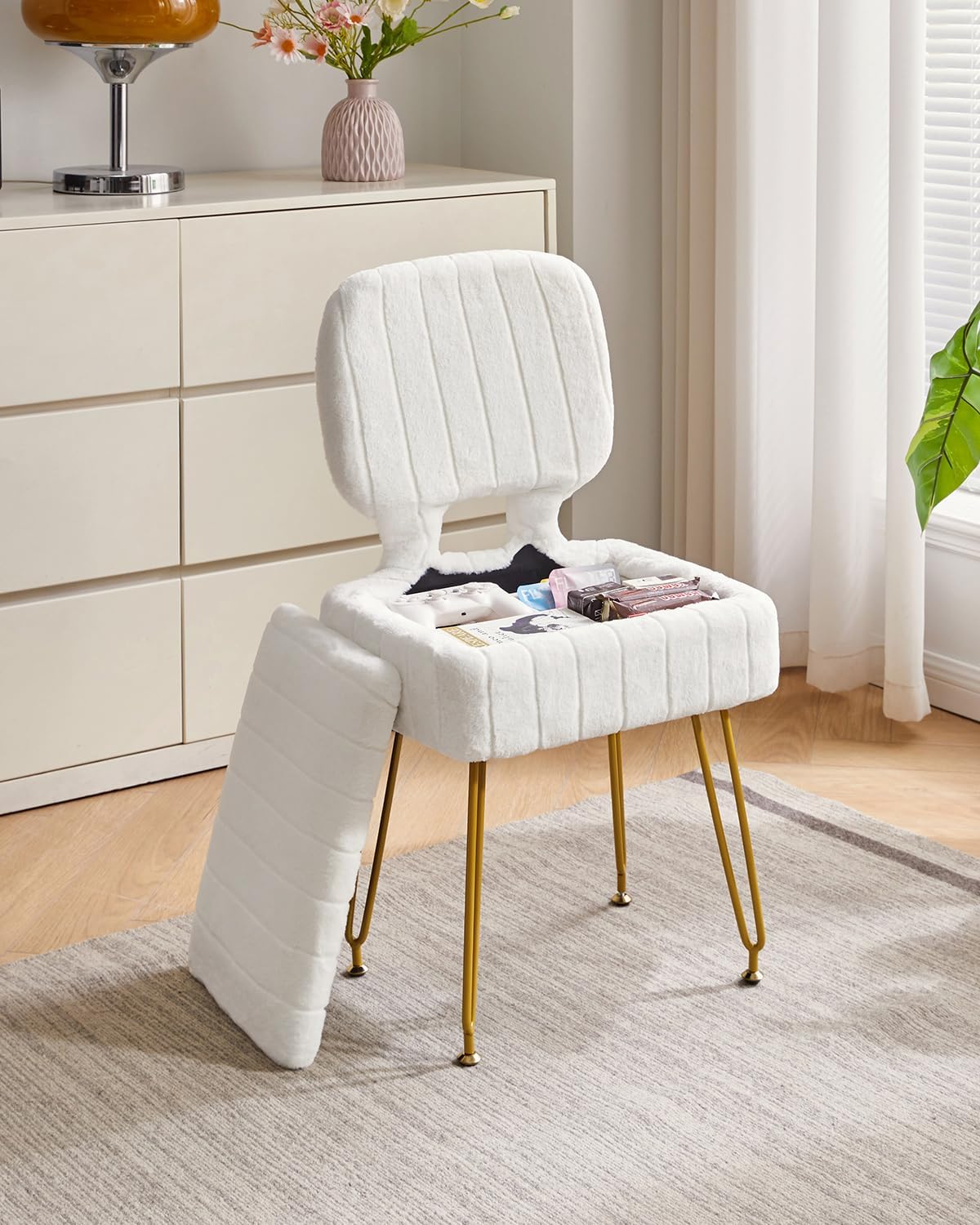 IBUYKE Vanity Stool with Storage, Folding Back Makeup Chair, White WBD030W | Rectangular Small 15.75" x 11.81" x 29.13" Velvet Cute Ottoman Stool Living Room Anti-Slip Feet