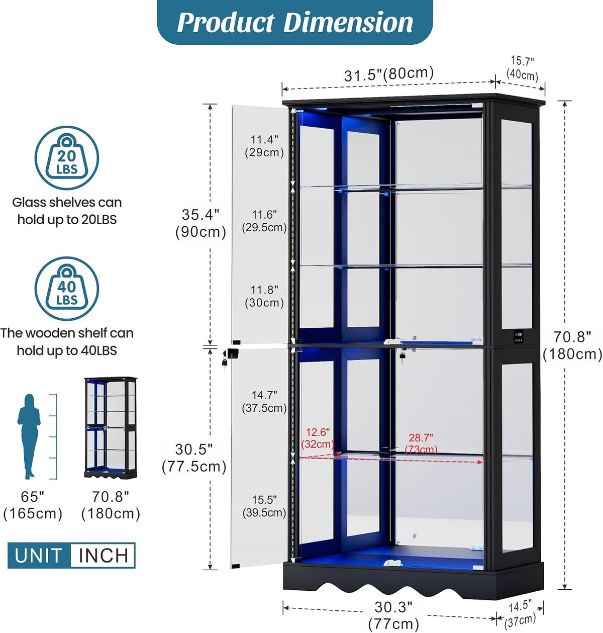 Dystler Display Cabinet with Glass Doors, RGB Lights for Collectibles