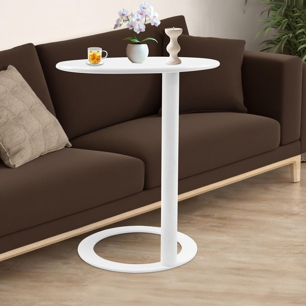 C-Shaped Round End Table for Couch, Mental Side Table Sofa Tables Slide Under Couch for with O-Shaped Base for Small Space, White