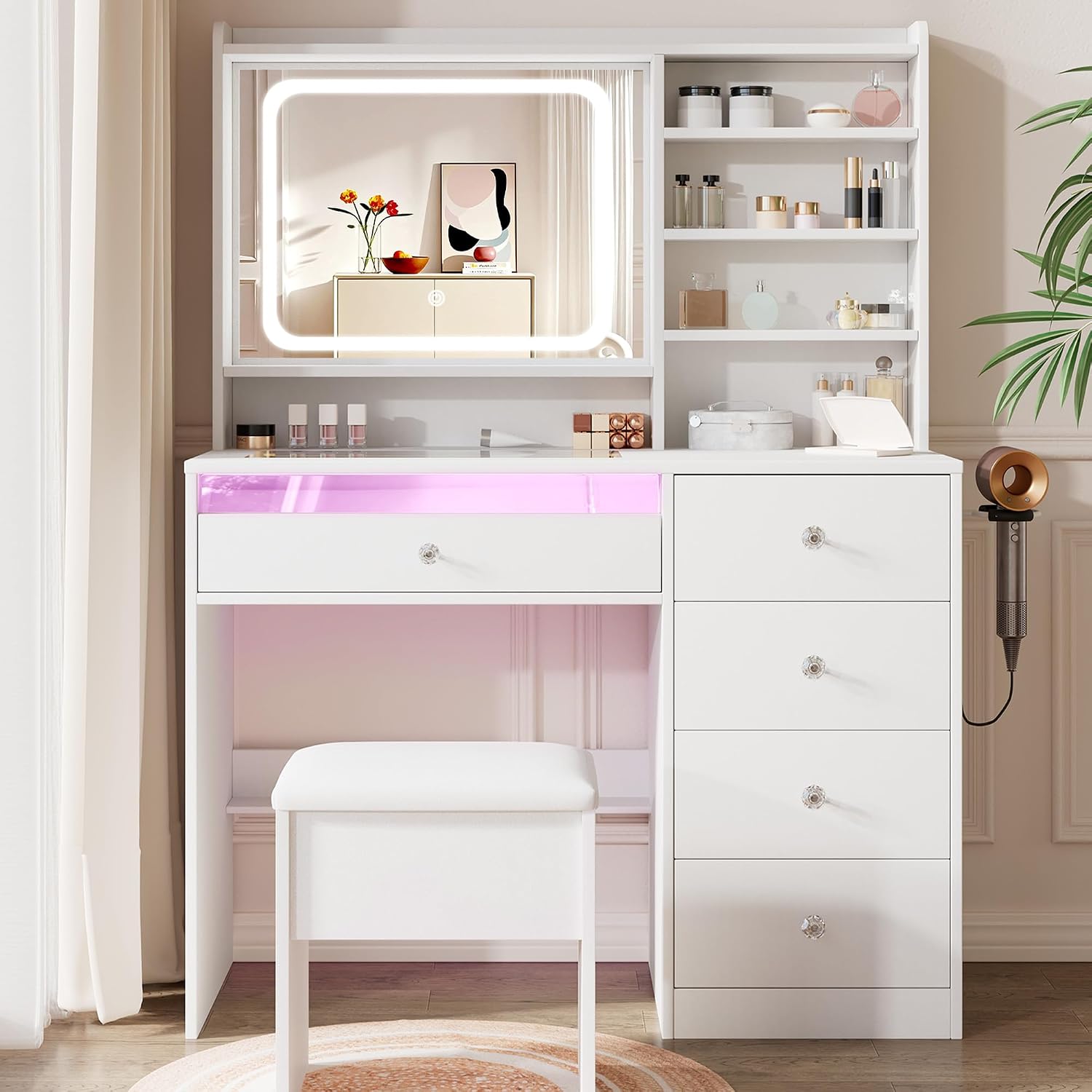 LIVELYGLOW 39.4" White Vanity Desk Set with Glass Desktop & RGB Light Strip | Smart LED Mirror, Charging Station, Cushioned Stool, Hairdryer Rack, 4 Drawers