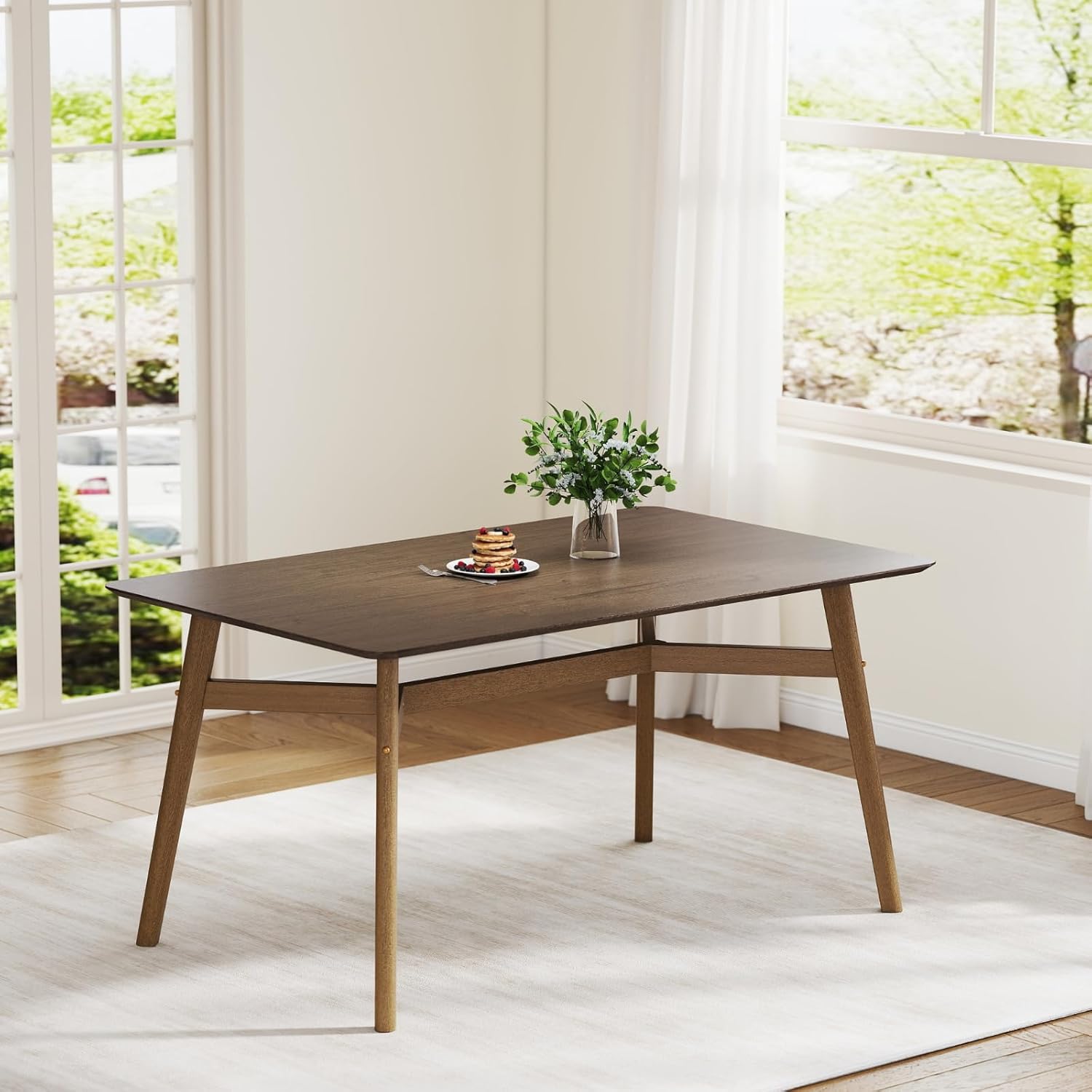 DUOMAY Modern Wooden Dining Table for 4-6 People, 59" Large Rectangular Dinner Table with Wood Legs for Home Dining Room Restaurant Farmhouse Kitchen, Brown