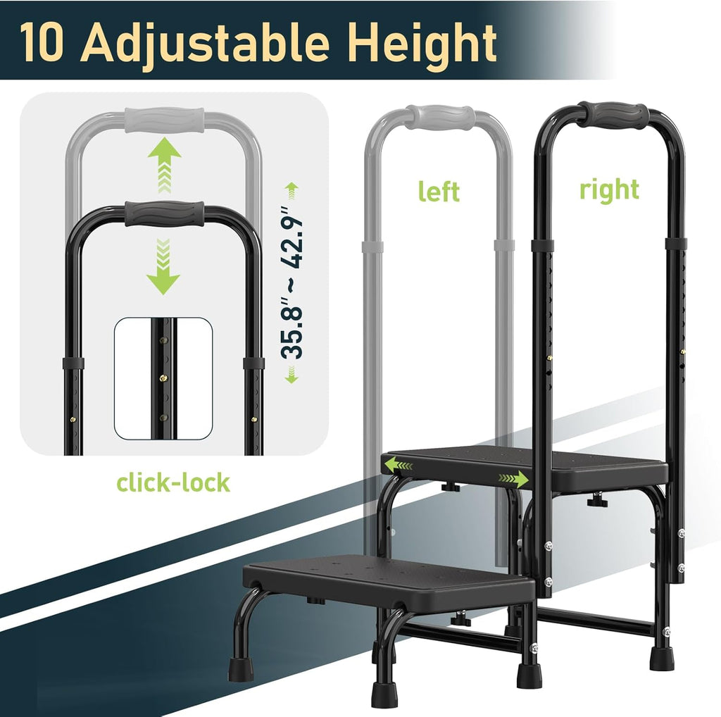 Suteck 2 Step Stool with Handle for Elderly Adults, 6-Leg Welded Bedside Step Stool for High Beds, 10-Level Adjustable Handrail, Wide Non-Slip Platform for Bathroom, Kitchen, RV, 450 lb, Black
