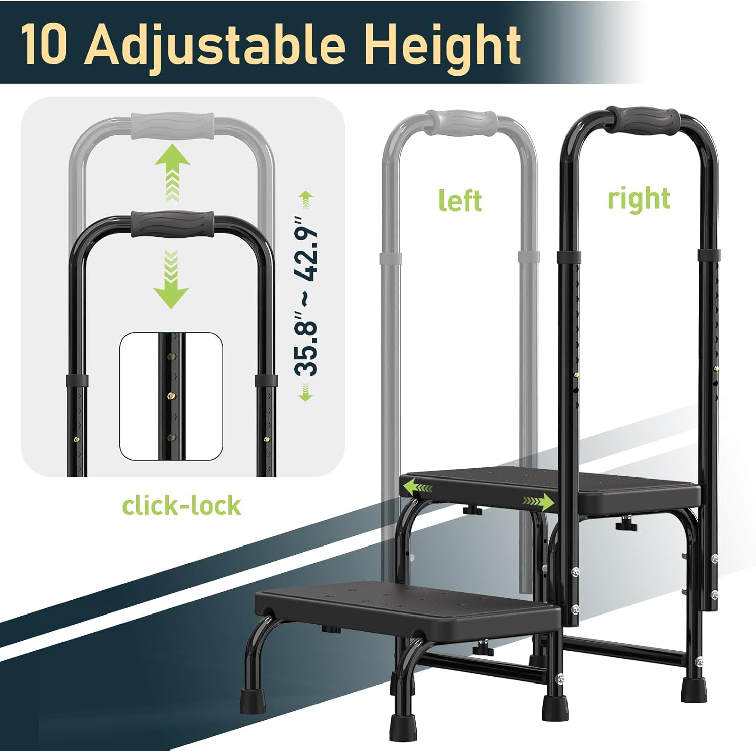 Suteck 2 Step Stool with Handle for Elderly Adults, 6-Leg Welded Bedside Step Stool for High Beds, 10-Level Adjustable Handrail, Wide Non-Slip Platform for Bathroom, Kitchen, RV, 450 lb, Black