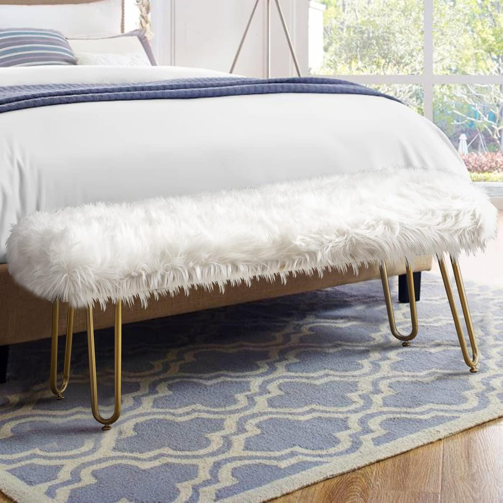 White Faux Fur Ottoman Bench Upholstered Furry Entryway Bedroom Bench with Gold Metal Legs, Modern Contemporary Long Bench Ottoman Hair Foot Rest Stool for Entryway, Living Room, Bedroom