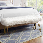 White Faux Fur Ottoman Bench Upholstered Furry Entryway Bedroom Bench with Gold Metal Legs, Modern Contemporary Long Bench Ottoman Hair Foot Rest Stool for Entryway, Living Room, Bedroom