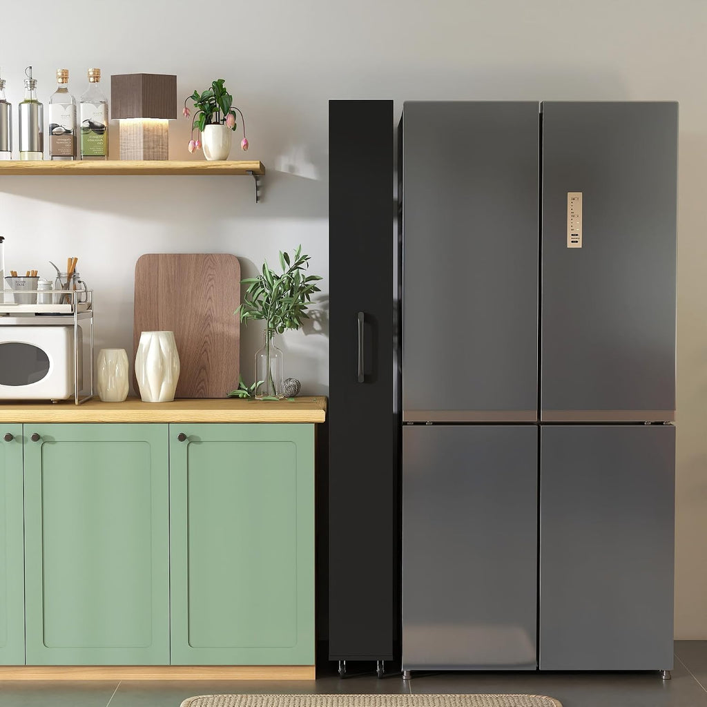 7 Tier Pull-Out Kitchen Pantry Storage Cabinet, 7.8'' Wide Rolling Open Shelf with Handle and Protective Bars for Refrigerator Side Coffee Bar Tight Spaces Home Organization