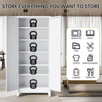 AQY 75" Pantry Cabinet, White Freestanding Storage Cabinet with 5 Adjustable Shelves, Metal Pantry Cupboard with Ventilation Design & Hanging Hooks, 2-Door Kitchen Organizer for Living Room Kitchen