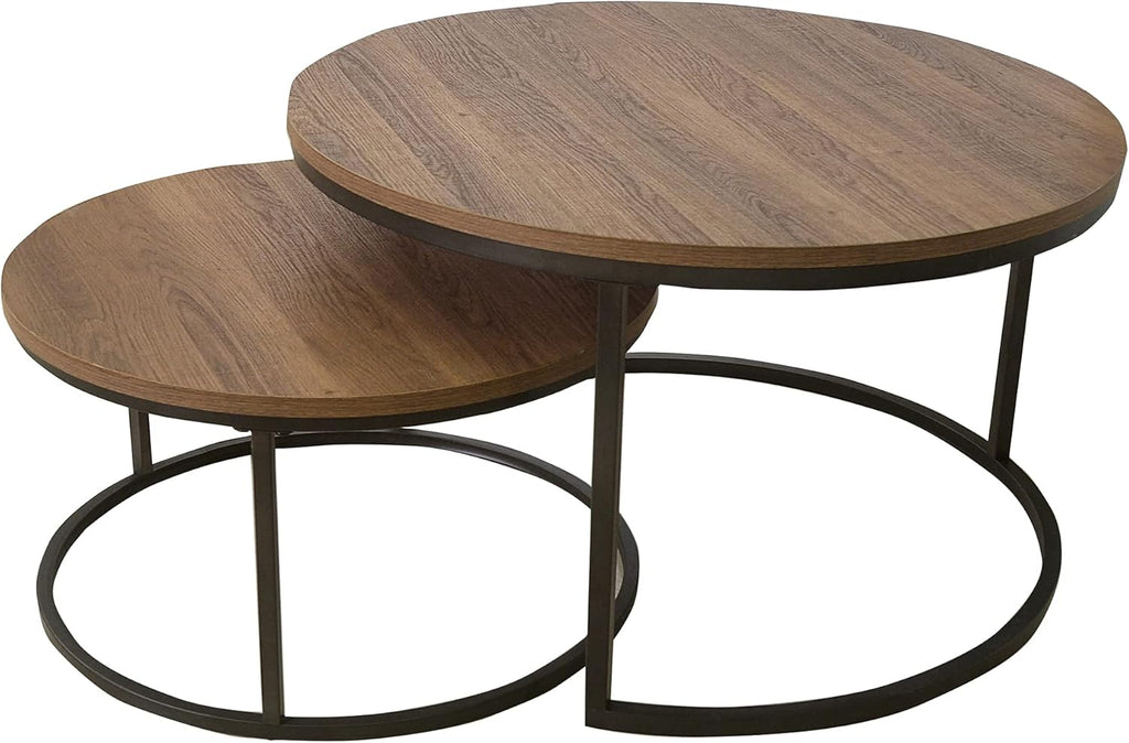 Nathan James Stella Round Modern Nesting Coffee (Set of 2), Stacking Living Room Accent Tables with Tabletops and Matte Metal Frame, Reclaimed Oak/Gunmetal