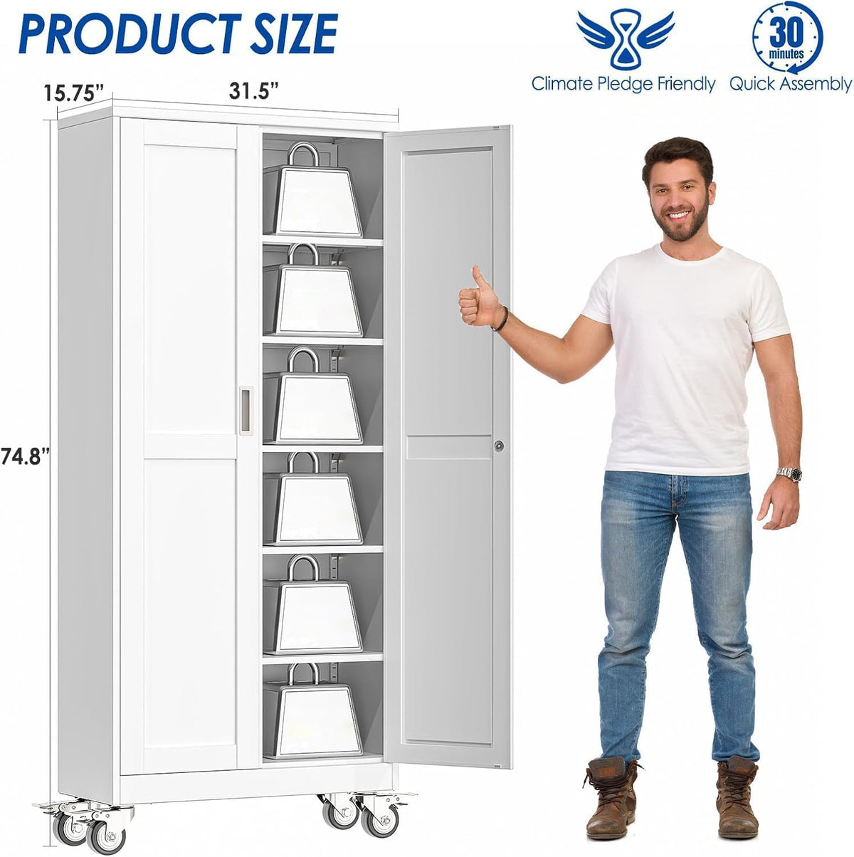 GAIOUS Metal Garage Storage Cabinet with Lock, Steel Tool Cabinet with 2 Doors and 5 Adjustable Shelves, 75” Tall Lockable File Cabinet with Wheels, Organization for Home Office Garage Gym - White
