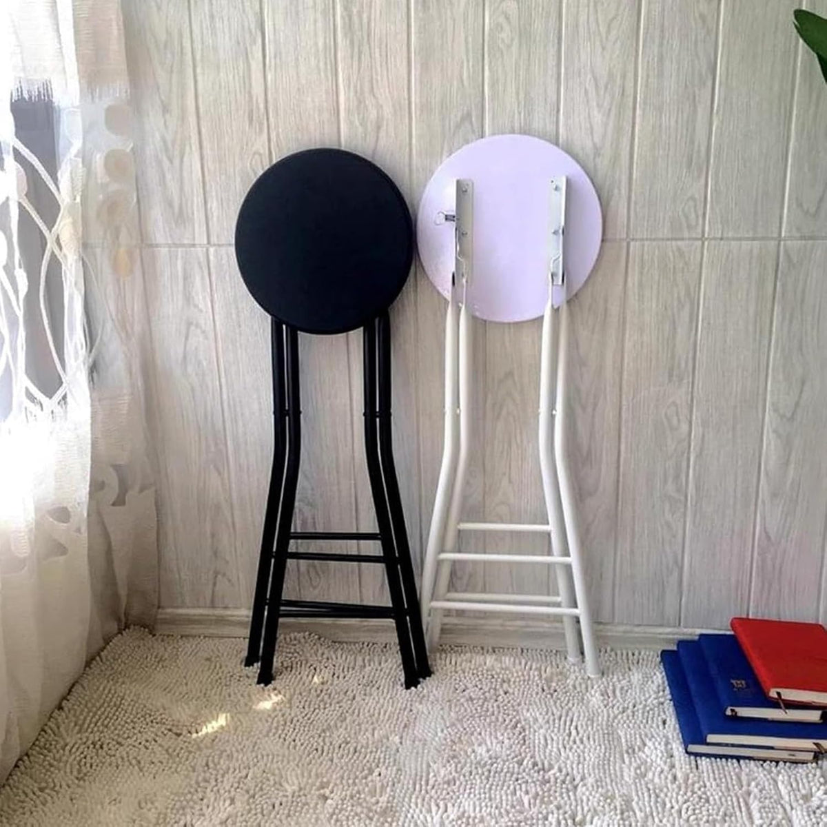 Round Backless Folding Breakfast High Chair, 24"/28"/30" Counter Height Foldable Bar Stool with Footrest for Home Office(Black,80cm/32inch)