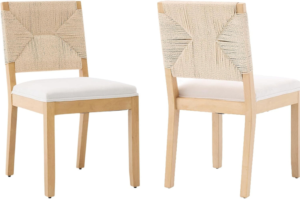 French Country Dining Chairs Set of 2, Beige Farmhouse Wood Dining Room Chairs, Woven Back Linen Upholstered Dining Chair, Solid Wood Legs, Boho Style Kitchen Chairs, Sillas de Comedor