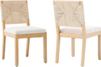 French Country Dining Chairs Set of 2, Beige Farmhouse Wood Dining Room Chairs, Woven Back Linen Upholstered Dining Chair, Solid Wood Legs, Boho Style Kitchen Chairs, Sillas de Comedor