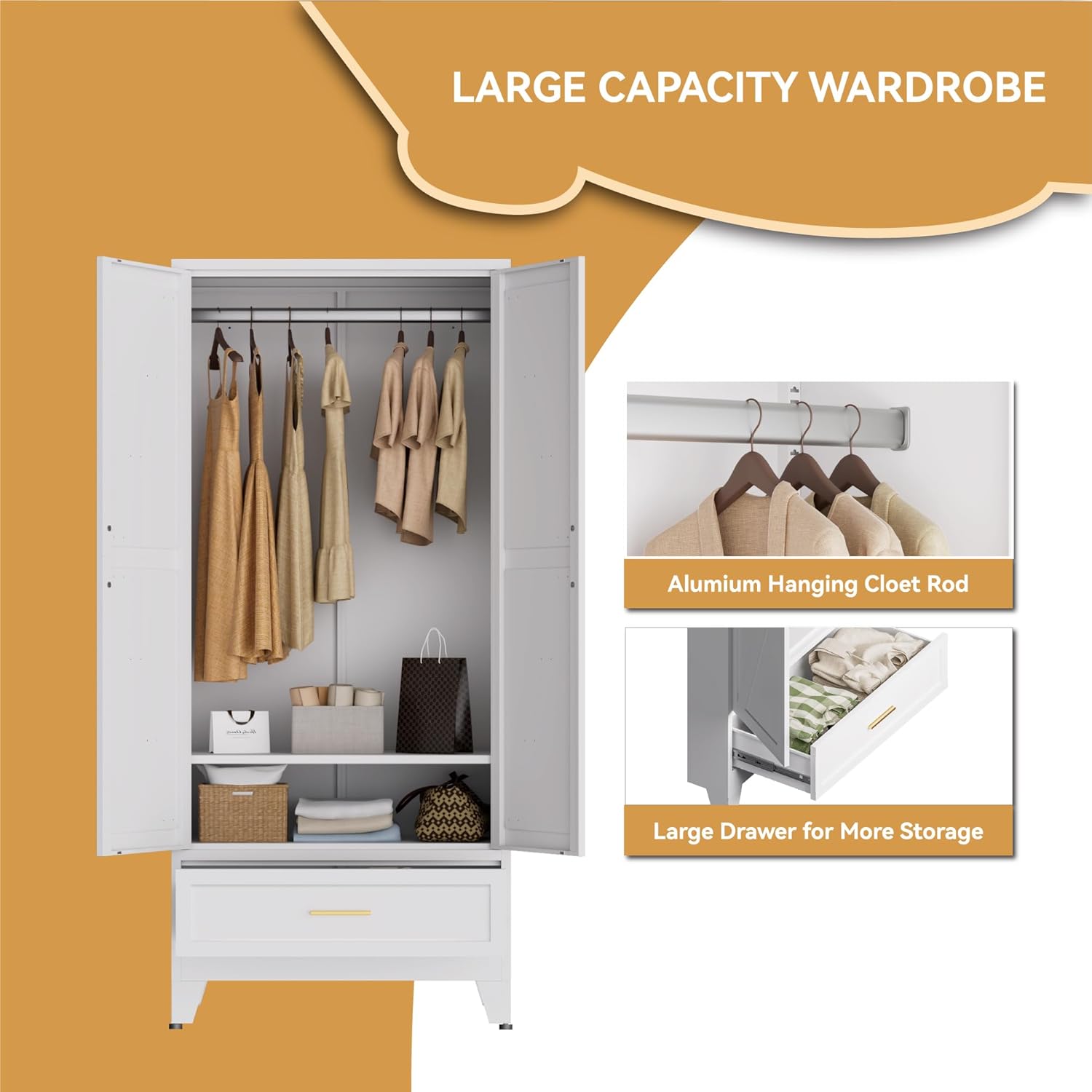 Metal Wardrobe Closet for Bedroom, 71" Freestanding Armoire Wardrobe with Drawer and Shelf, Hanging Rod Clothing Storage Cabinet with Two Doors, Tall Farmhouse Clothes Cabinet Bedroom Armoires
