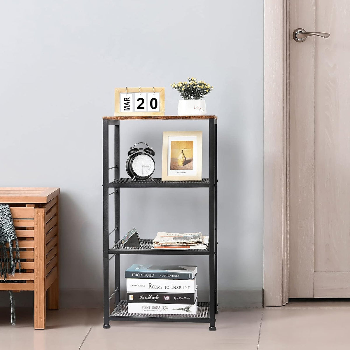 CADUKE Kitchen Storage Cart Baker's Rack 4-Tier Industrial Wood | Kitchen Island Stand, Serving Bar Cart, on Wheel, MDF, End Side Table Storage, Trolley Rack, for Bedside, Bathroom, Office