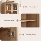77" Tall Kitchen Pantry Cabinet,Thickened Panel,Oak,1Pcs | Wooden Curved Storage Cabinets with Adjustable Shelf, Cupboard with Glass Door for Dining Room, Living Room, Bathroom