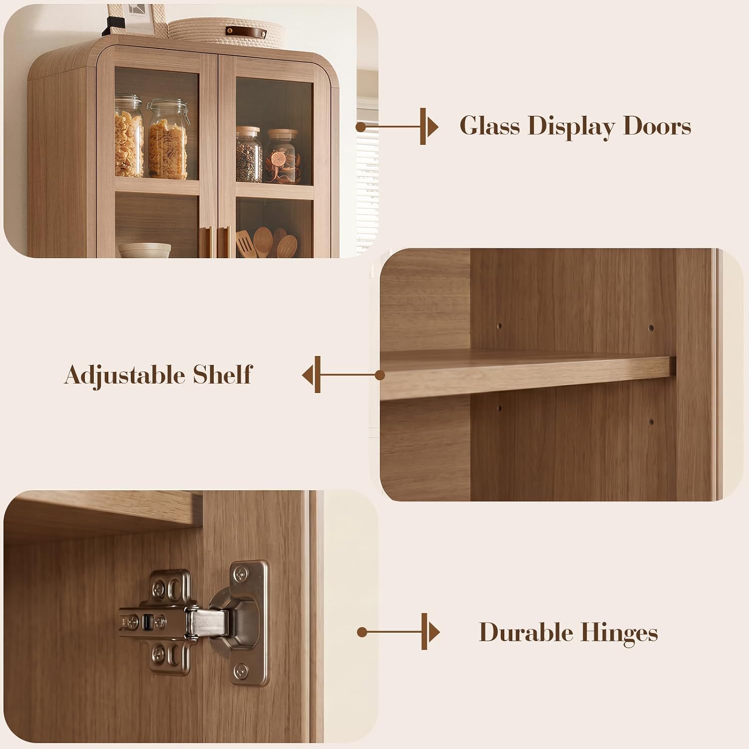 77" Tall Kitchen Pantry Cabinet,Thickened Panel,Oak,1Pcs | Wooden Curved Storage Cabinets with Adjustable Shelf, Cupboard with Glass Door for Dining Room, Living Room, Bathroom