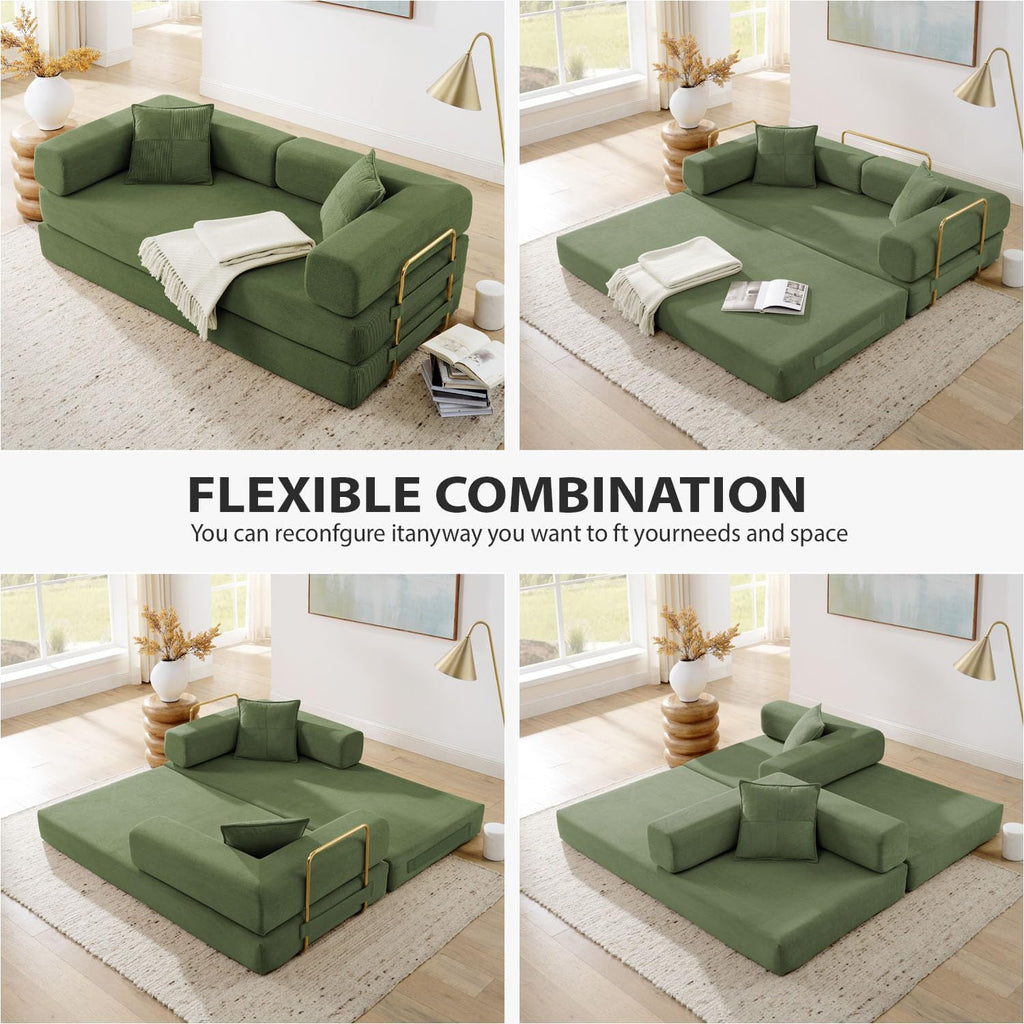4-in-1 Folding Convertible Sofa Bed, 78 Inch Oversized Corduroy Upholstered Couch, Loveseat Sleeper with Pull Out Bed, Floor Sofa Modular Futon Couch for Living Room Bedroom Lounge, Green