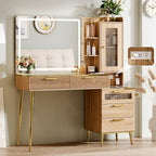 Arulvmrn Vanity Desk with 29.53" HD Lighted Mirror, 47.24" Big Modern Vanity Desk with Mirror and Lights, Makeup Vanity with 5 Drawers and Storage Shelves and Charging Station, Oak