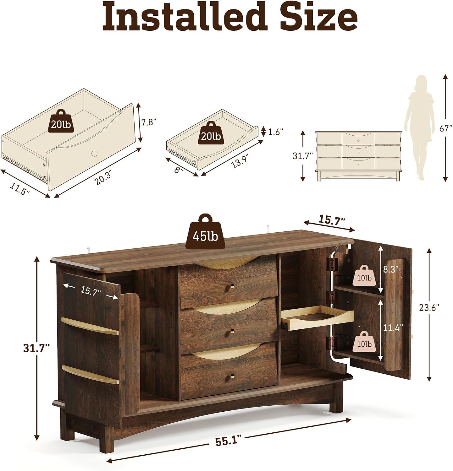 STO'SENSE Buffet Cabinet with Stroage, Large Sideboard Buffet Cabinet w/ 3 Drawers, Solid Wood Handle, Modern Coffee Bar Station w/ 2 Doors, Concealed Storage Shelves & Sliding Tray (Walnut)