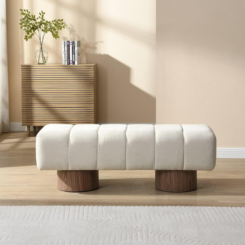 50" Upholstered Dining Bench, No-Assembly Chenille Fabric Ottoman Stool with Wood Legs, 300LB Capacity Multi-Functional Seating for Entryway, Bedroom, Bedside, Living Room, Beige