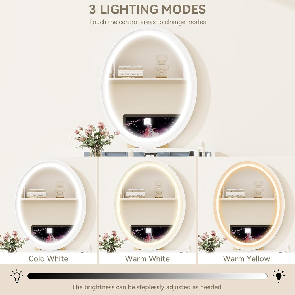 YOURLITE Small Makeup Vanity Desk with Mirror and Lights | Compact Vanity, 3 Lighting Modes, Adjustable Brightness, 3 Drawers, Cushioned Stool