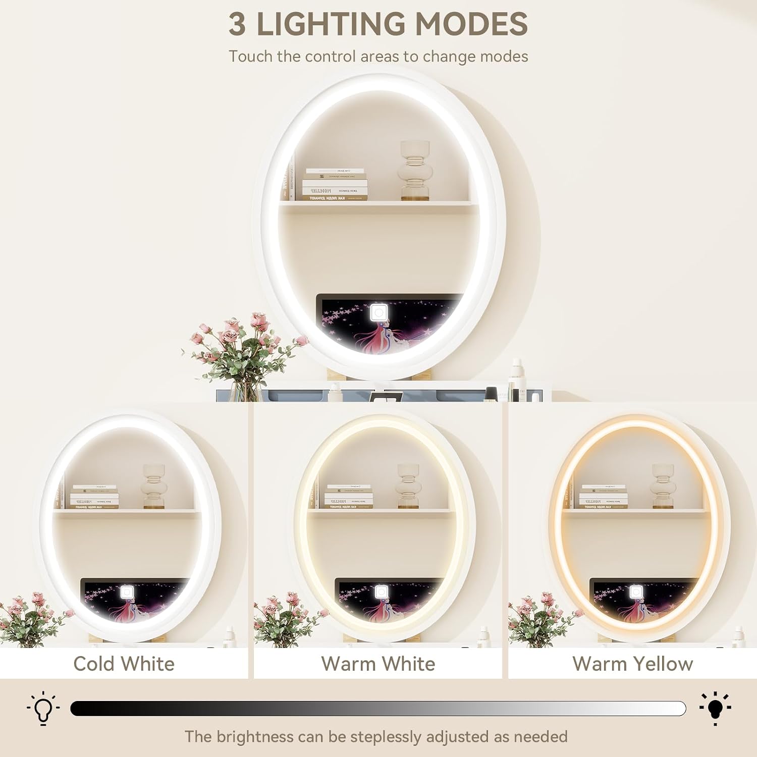 YOURLITE Small Makeup Vanity Desk with Mirror and Lights | Compact Vanity, 3 Lighting Modes, Adjustable Brightness, 3 Drawers, Cushioned Stool