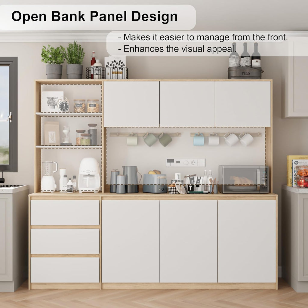 Mekminop Extra Large Kitchen Pantry with Microwave Shelf, Kitchen Hutch Storage Cabinet with Countertop, Freestanding Countertop Cabinet with 3 Drawers and 3 Open Shelves, White + Walnut