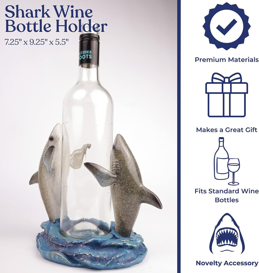 Needzo Shark Wine Bottle Holder, Nautical Bar Decor, Resin Beach House Accessory, 7.25 Inches