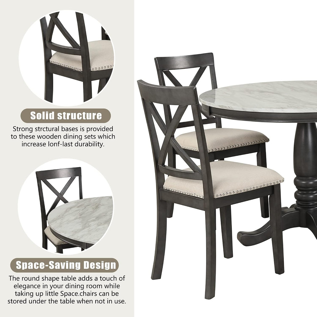 Merax 5 Piece Dining Table Set for 4, Solid Wood Kitchen Table Set with 4 Upholstered Chairs for Kitchen, Dining Room, Living Room, Grey
