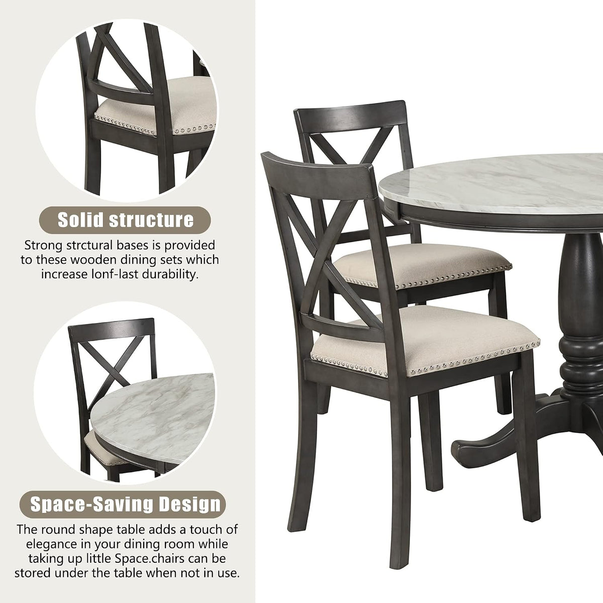 Merax 5 Piece Dining Table Set for 4, Solid Wood Kitchen Table Set with 4 Upholstered Chairs for Kitchen, Dining Room, Living Room, Grey