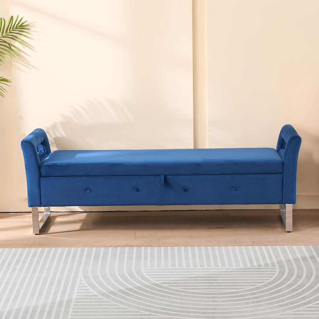 GDFStudio Velvet Storage Bench with Hidden Compartment - Upholstered Ottoman for Entryway, Bedroom, Living Room - Soft Foam Cushion, Sturdy Silver Metal Legs, Easy Assembly - Navy Storage Seat