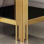 Henf 3-Piece Black Glass Living Room Table Set, 2-Tier Glass Coffee Table & 2 End Tables, Luxury Gold Coffee Table Set of 3 with Shining Golden Frame for Living Room Apartment Office