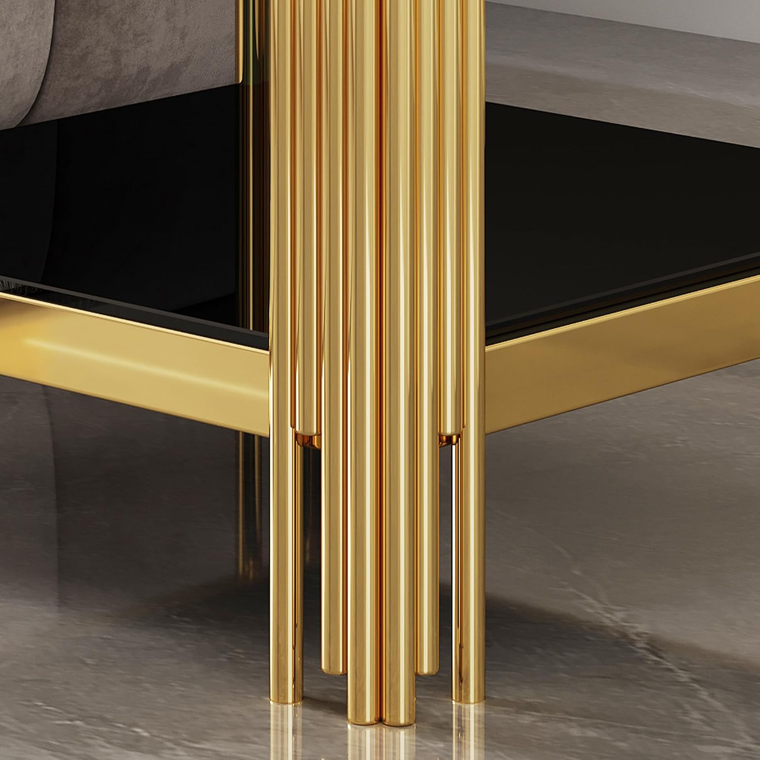 Henf 3-Piece Black Glass Living Room Table Set, 2-Tier Glass Coffee Table & 2 End Tables, Luxury Gold Coffee Table Set of 3 with Shining Golden Frame for Living Room Apartment Office