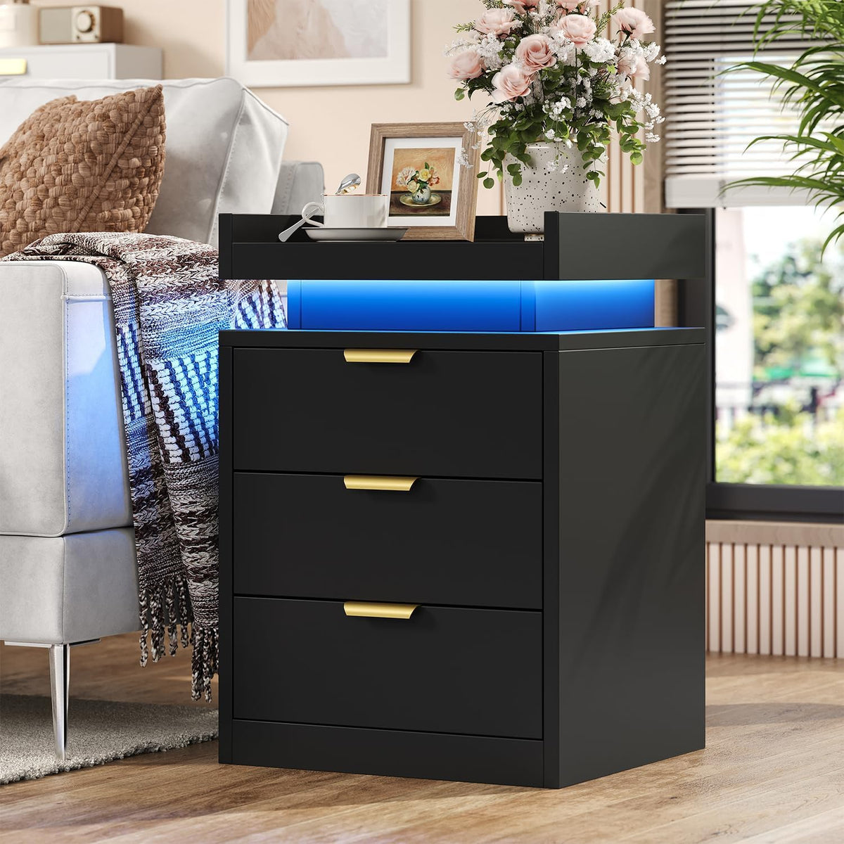 knoworld LED Nightstand with Charging Station & USB Ports, 3-Drawer Bedside Table with Adjustable RGB LED Lights, High-Gloss Modern Nightstands for Bedroom, Black