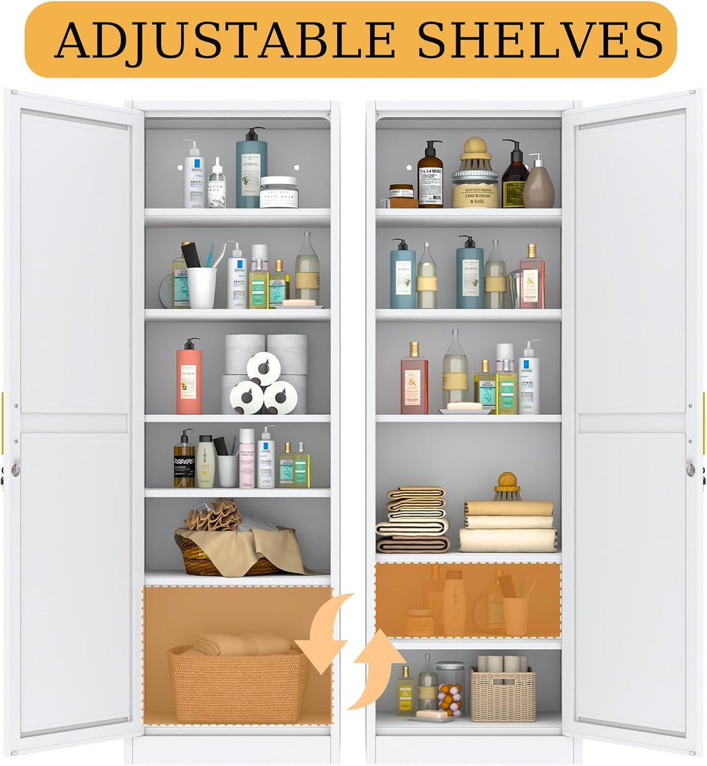 Metal Narrow Pantry Cabinet with Doors and Shleves, 67" H Tall Locker Cabinet, Kitchen Pantry Storage Cabinets for Kitchen, Living Room, Bathroom (1Door-Lock, White)