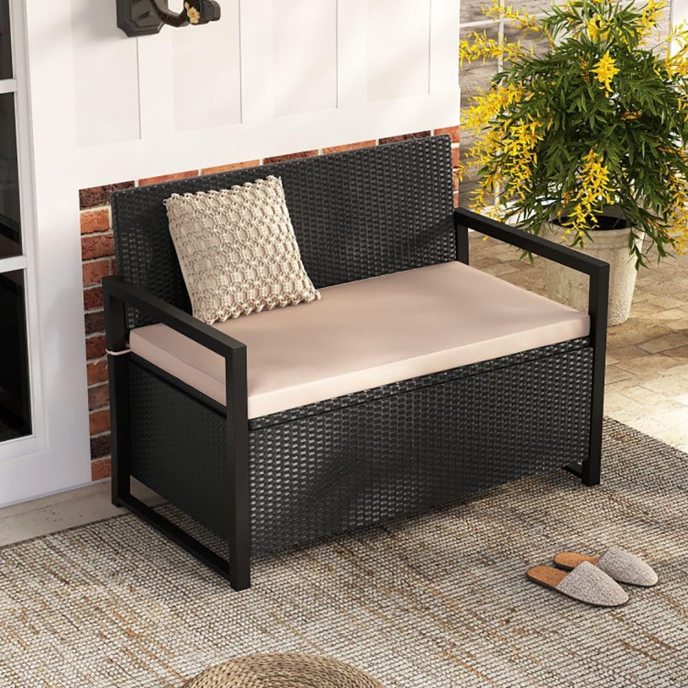 PE Rattan Outdoor Storage Loveseat Brown UV-Resistant Woven Rattan Pattern, 40-Gallon Under-Seat Storage, 800lbs Capacity for Patio